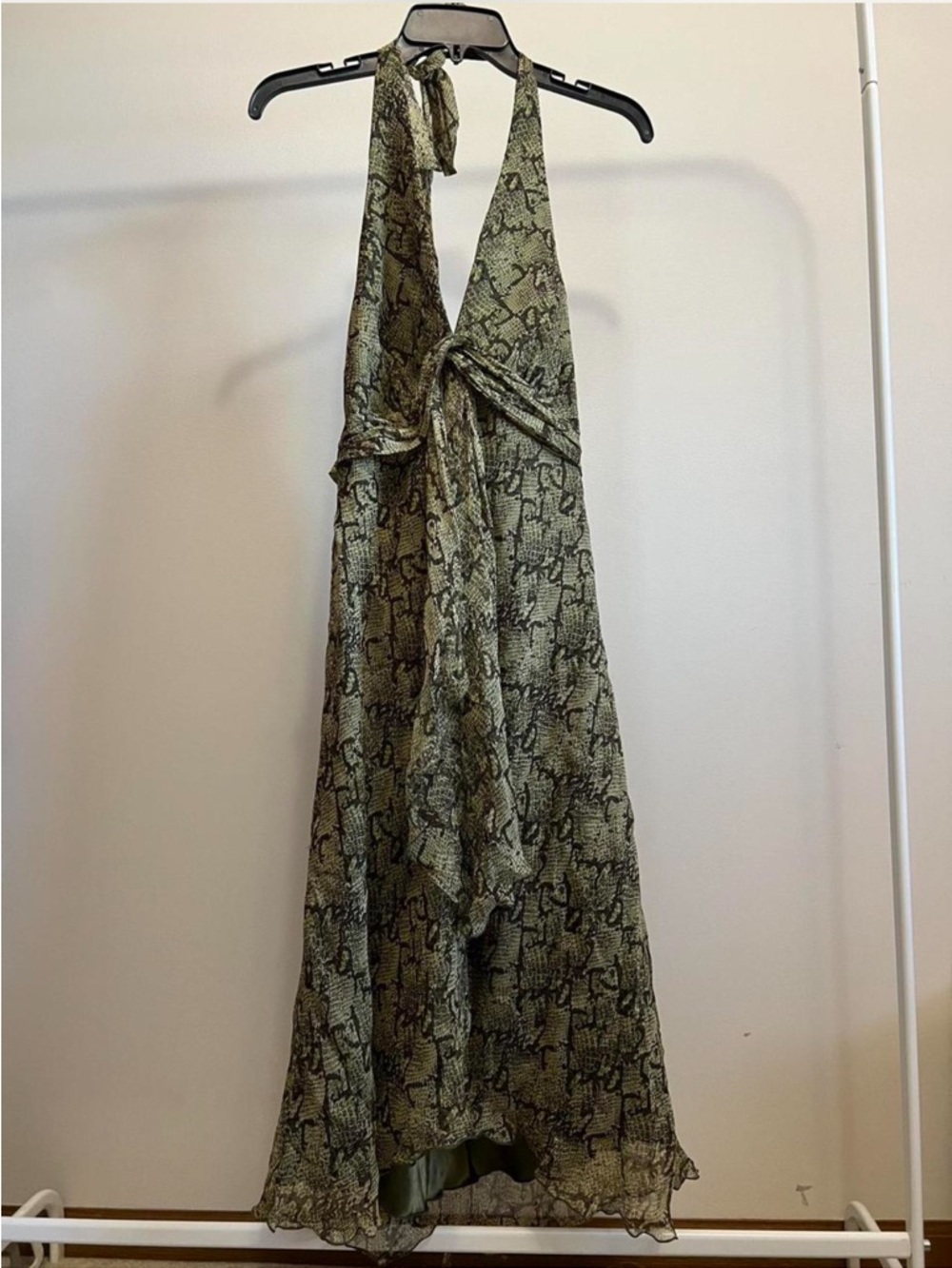 Laundry by Shelli Segal Olive Green Snake Print Halter Maxi Dress